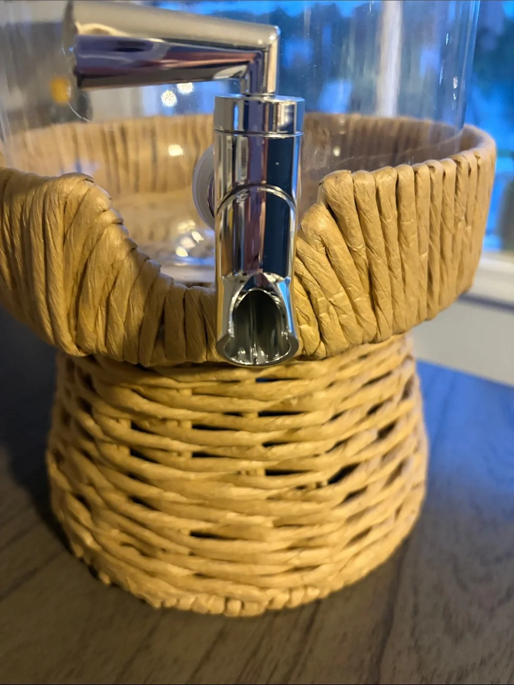 Plastic Beverage Dispenser with Woven Rattan Base - Natural Brown
